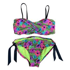 Justice Bandeau Bikini Top & Bottom Girls Sz 16 Yellow Black Tropical Floral